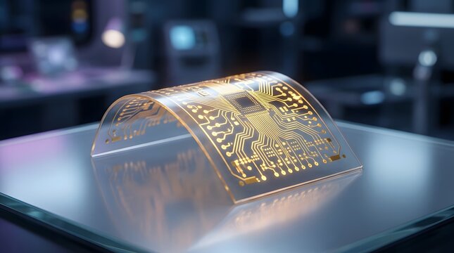 Flexible Electronic Circuit Board with Golden Microchip in High Tech Laboratory
