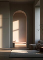 Fototapeta premium Modern living room with an arched doorway in the center. the doorway is made of light-colored wood and has a large window on the right side, allowing natural light to enter the room.