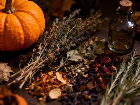 Dried herbs, pumpkin, and vintage potion bottle on a dark wooden table, concept of autumn witchcraft and herbal apothecary