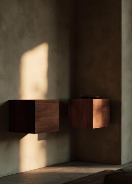 Two wooden shelves attached to a concrete wall. the shelves are rectangular in shape and appear to be made of a dark wood. the wall is painted in a light beige color and has a rough texture.