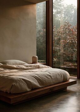 Modern bedroom with a large window on the right side. the window has a view of trees and greenery outside. the bed is made up with a beige comforter and two white pillows.