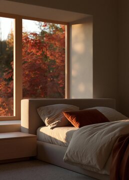 Bedroom with a large window that offers a beautiful view of autumn foliage. the window is open, allowing natural light to enter the room.