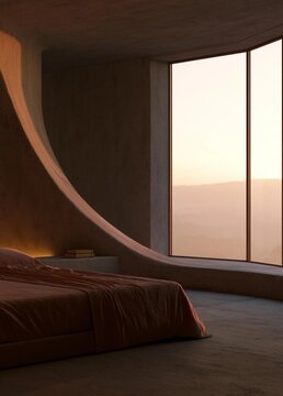 Modern bedroom with a large window on the right side. the window offers a beautiful view of the sunrise or sunset over the horizon.