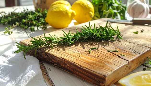 Fresh rosemary and lemons on wooden cutting board.