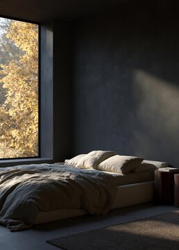 Modern bedroom with a large window on the left side. the window is covered with a black curtain, allowing natural light to enter the room.