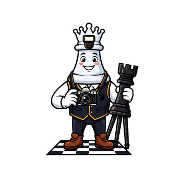 Cute pixel art chess king character dressed as a professional photographer with a camera