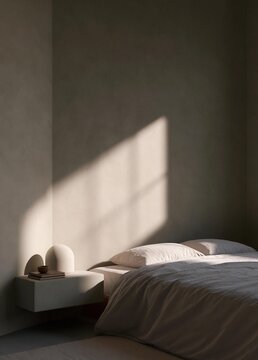 Bedroom with a single bed in the center. the bed is covered with a white comforter and two white pillows. on the left side of the bed, there is a small white nightstand with a lamp and a book on it.