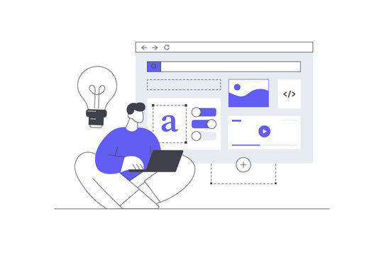 Filling Site Content and Web Page Construction Builder. Male Specialist Working on Laptop Customizing Web Interface Modules and Text Layout. Flat Cartoon Vector Illustration, icon Stylish abstract web