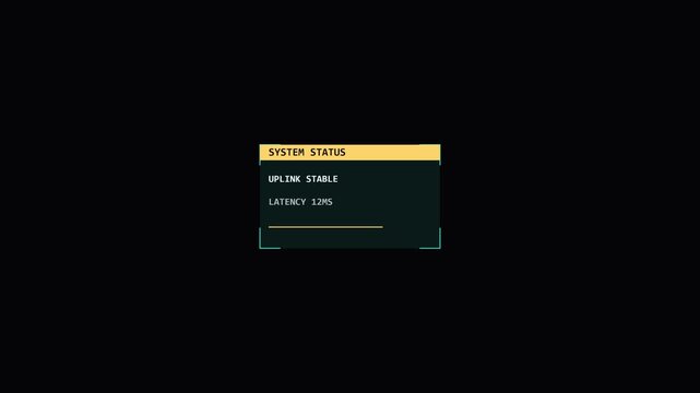 Futuristic HUD interface showing system status uplink stable, digital user interface design on solid black background, minimalist sci-fi data element for compositing