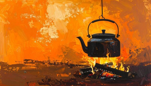 Black kettle boiling over glowing campfire at sunset.