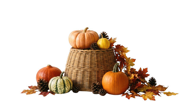 Autumn harvest display with pumpkins, gourds, pinecones, and fall leaves in a wicker basket isolated on transparent background