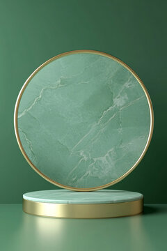 Green marble podium with round gold frame