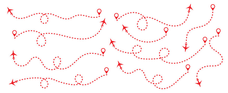 Airplane route with dotted flight path. Airplane routes vector set. Plane flight path vector set. Curved dotted line vector set. Dotted travel path symbol.