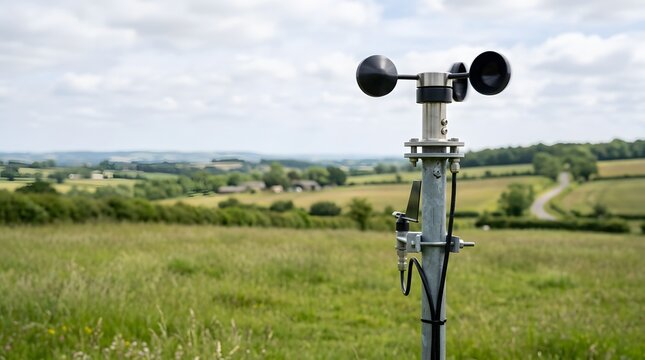 cup anemometer mounted on a weather monitoring mast above a rural grassland landscape for wind speed measurement meteorological research climate observation and forecasting
