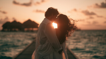 Fototapeta premium Romantic couple kissing on a wooden pier of a luxury Maldives resort at sunset, overwater bungalows in background, turquoise ocean