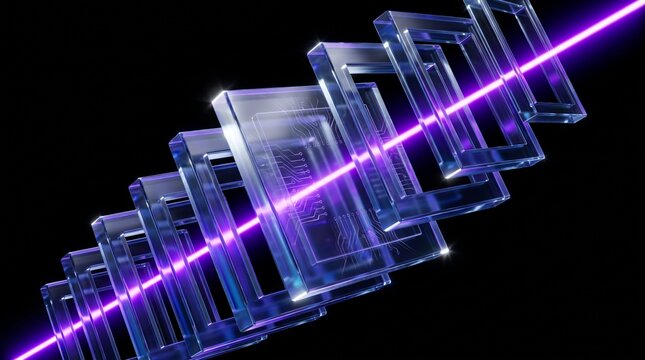 A bright neon purple laser beam passes through a series of transparent glass rectangular frames