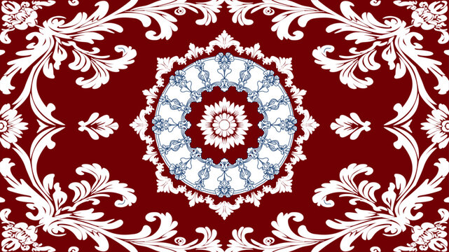 Seamless luxury damask carpet pattern with intricate white floral and acanthus scroll ornaments on a rich deep red background, vector illustration.