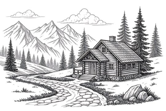 Cozy log cabin nestled in a mountain forest landscape illustration