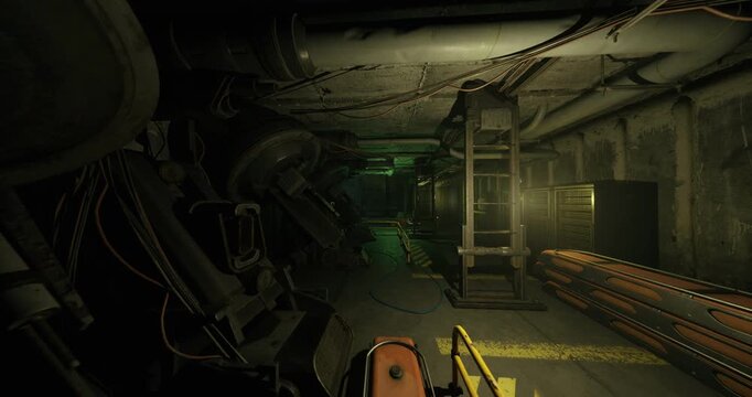 dim industrial tunnel with conveyor belt and exposed pipes, flickering green panels casting eerie glow, heavy rollers idle, scattered tools near hatch, oil