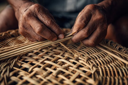 Hands weaving a detailed rattan basket by hand, showcasing careful craftsmanship and the natural texture of woven fibers