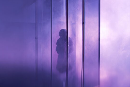 Polished chrome display illuminated by soft purple ambient lighting, creating a sleek futuristic atmosphere