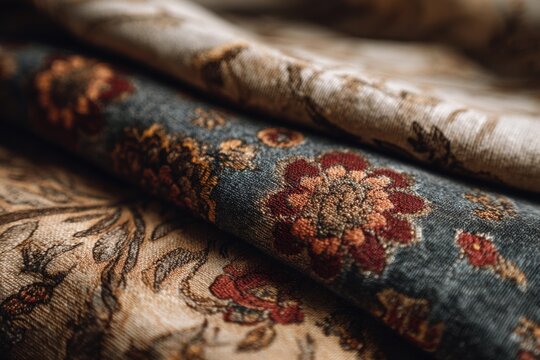 Decorative textile featuring intricate multi-layered patterns and richly detailed printed motifs