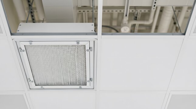 hepa air filtration housing installed in cleanroom ceiling ventilation system for contamination control pharmaceutical laboratory and sterile manufacturing