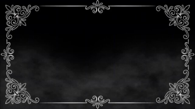 Vintage silent movie title card with smoky background. Antique ornate decorative floral border template. Retro black and white classic cinema frame texture