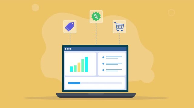 Modern flat vector animation showing a laptop with a sales analytics interface and floating ecommerce icons, representing business data, online retail, sales performance, marketing, and digital commer