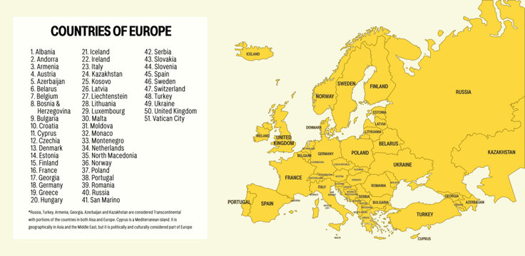 Vector Illustration of Europe Map. Full Map of All 51 European Countries.