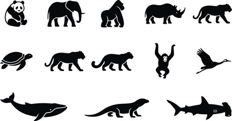 Naklejka premium Vector endangered wild animals silhouette collection featuring panda elephant gorilla rhino tiger monkey crane whale lizard shark