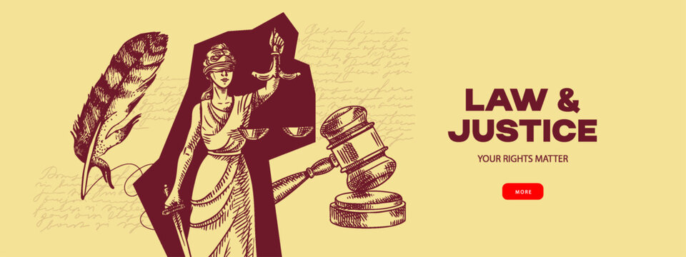 Collage of sketch vintage  law poster. Lady justice, judge gavel and feather. Engraved line style hand drawn isolated vector illustration. Law, legal, court, mediation, arbitration, notary concept