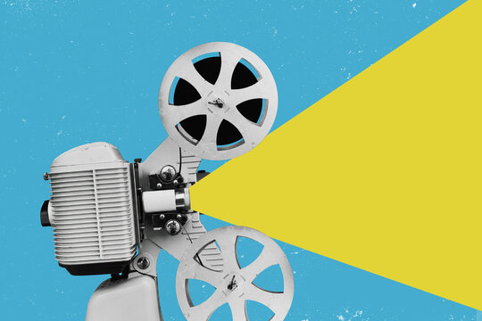Flat design art. Retro vintage film projector with copy space. Vintage cinema poster.