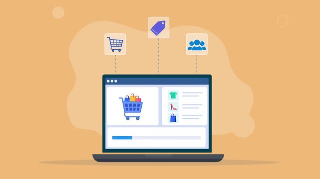 Modern flat vector animation showing a laptop with an ecommerce shopping interface and floating cart, discount, and customer icons, representing online shopping, retail, sales, and digital commerce.