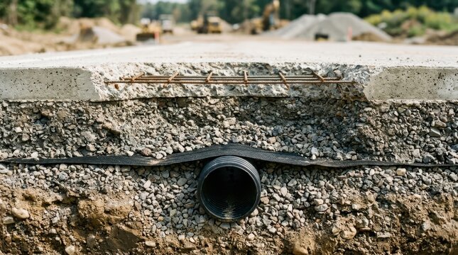 Layered roadway construction cross section with aggregate base, drainage pipe, geotextile fabric, rebar, and concrete slab
