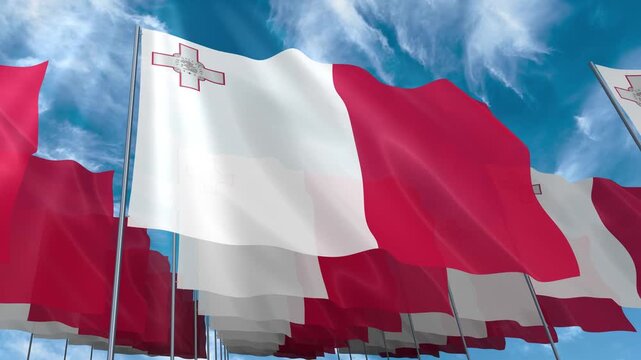 Multiple Malta flags seamless looping waving on blue sky