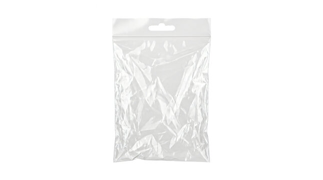 Empty plastic packaging bag with hanger hole for retail display products featuring wrinkled texture isolated on transparent background