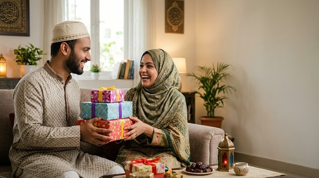 Heartwarming Eid-ul-Fitr Celebration at Home: Loving Husband in Traditional Skull Cap Presenting Colorful Gift Boxes to His Excited Wife in Cozy Living Room Capturing Joyful Moment of Muslim Festival