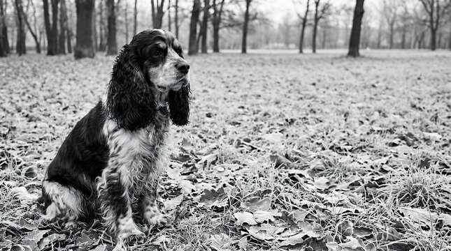 Charming American Cocker Spaniel Posing on Autumn Grass: Black and White Purebred Dog with Floppy Ears and Gentle Expression Relaxing Outdoors During Colorful Fall Season in Park Setting american