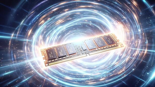 Computer RAM module floating in glowing energy vortex. High-speed data processing and hardware performance concept. Panning camera movement.