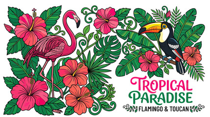 Vibrant Tropical Birds and Flowers Illustration © Suyat