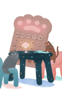 Cute Kitty Cats Budgeting with Calculator, Funny Hand-Drawn Finance Illustration