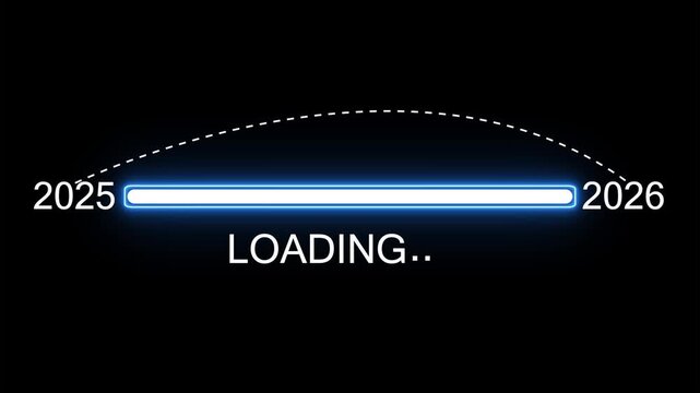 New year 2026 loading bar animation Year changing from 2025 to 2026. Loading bar from 2025 to 2026 new year transfer animation. Almost reaching New Year on black.