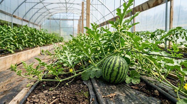 A growing watermelon in a greenhouse with a small striped watermelon fruit maturing in the garden representing agriculture and cultivation growing watermelon greenhouse setting small watermelon