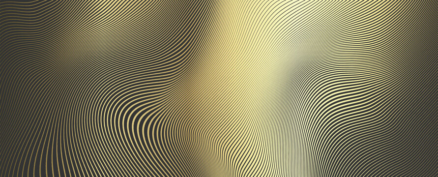 Vector gold wave lines on a dark background. Curved linear pattern with metallic tones, flowing contours, and a luxury graphic style.