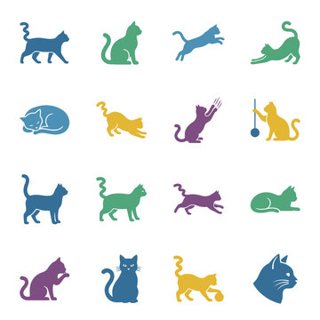Collection of stylized cat silhouettes in various poses.