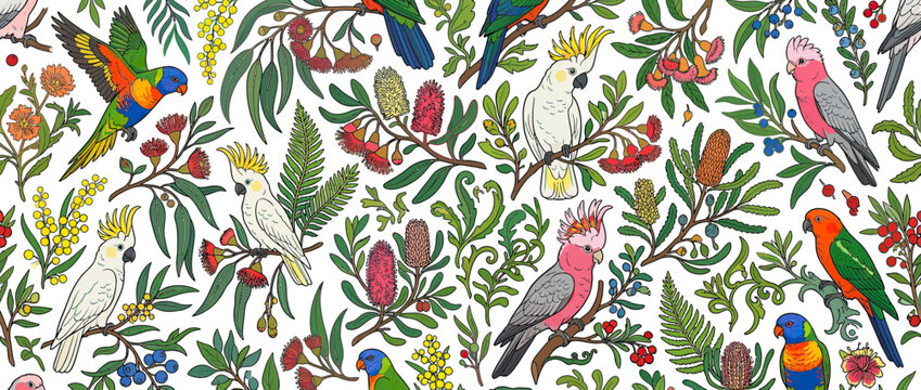 Vibrant Australian Birds and Flora Pattern