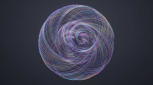 Intricate swirling iridescent geometric orb with a vortex-like pattern on a dark background