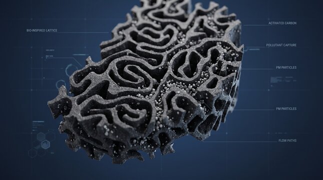 Microscopic intricate lattice structure demonstrating advanced filtration technology and pollutant