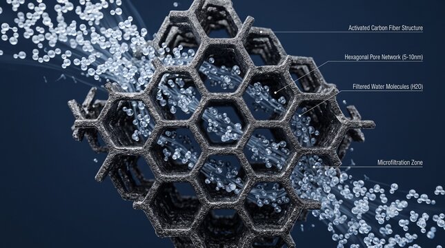Microscopic view of activated carbon fiber filtration process with water molecules